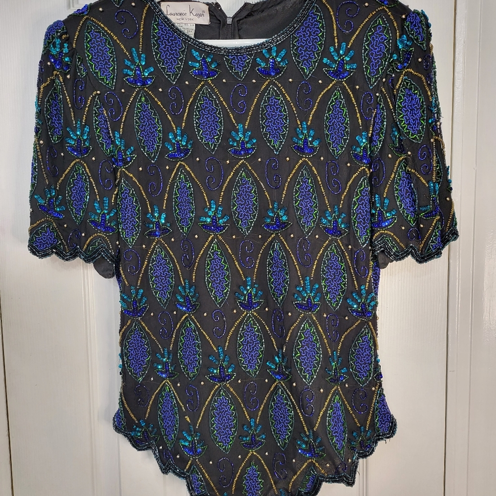 LAWRENCE KAZAR Vintage Beaded Black, Blue, Gold and Green Shirt